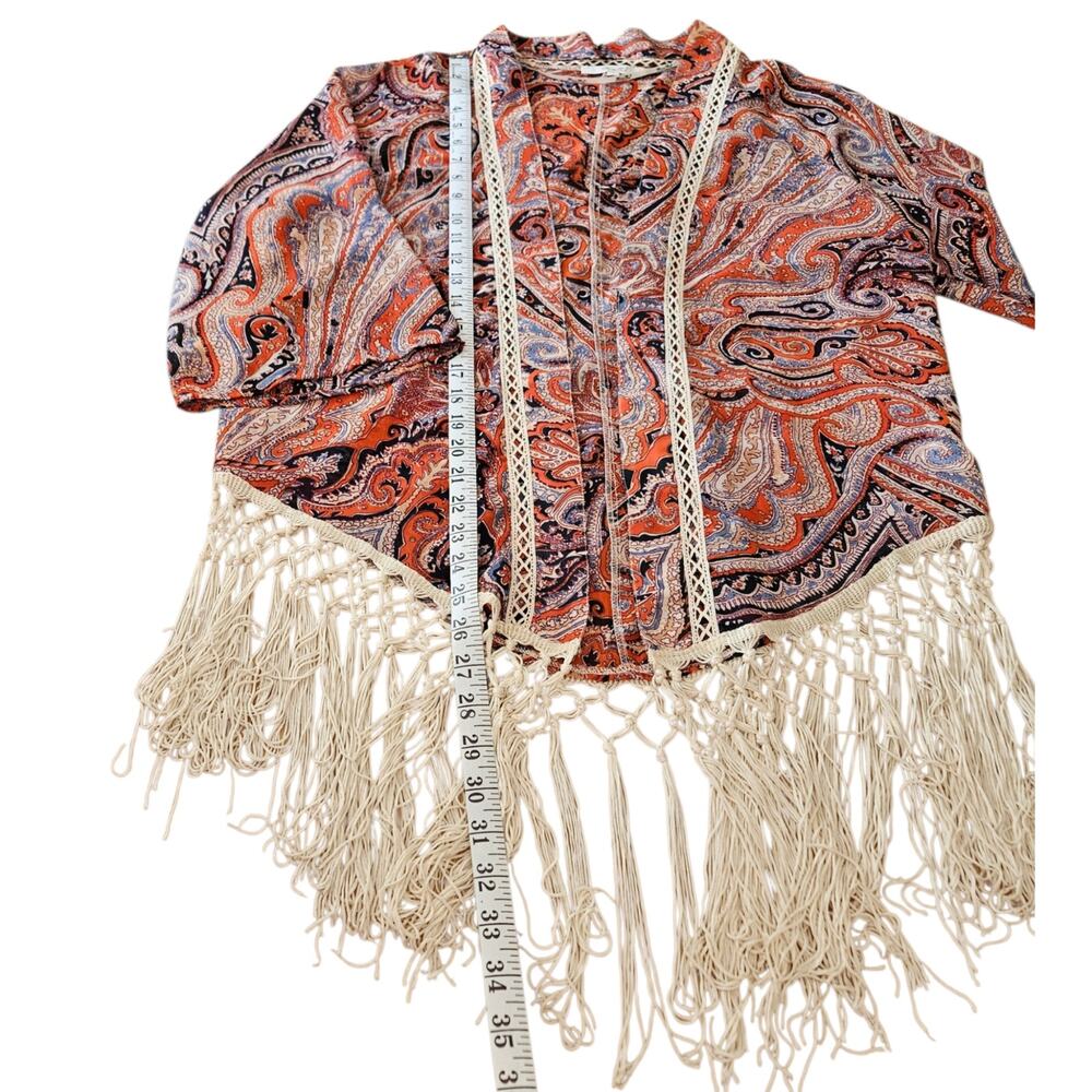 Miss Me Boho Style Paisley Print Open Front Cardigan Fringe Hem Festival Small - Picture 12 of 14